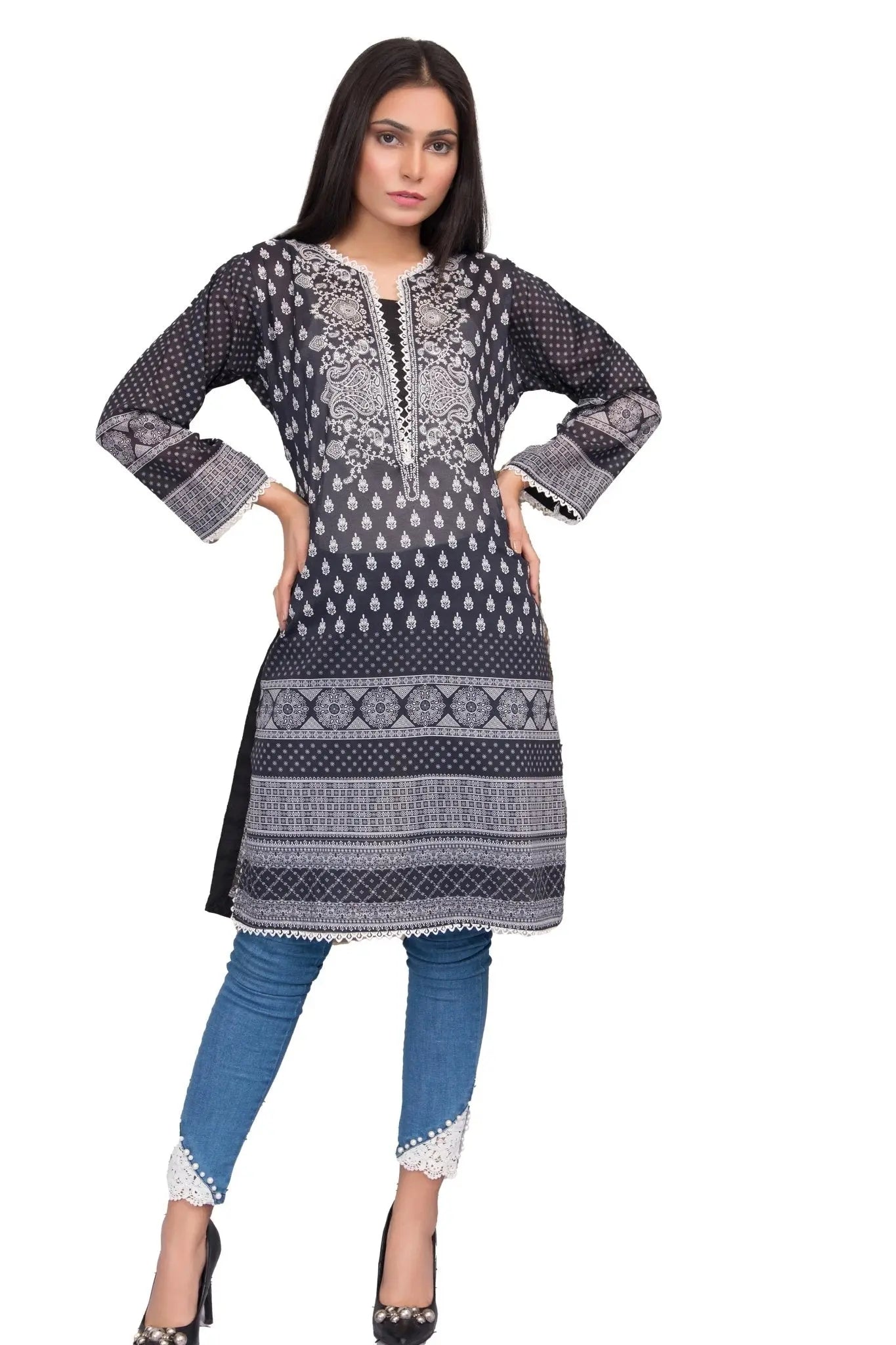 IshDeena Pakistani Kurtis for women Indian Style Cotton Tunics Womens Tops  Printed B&W