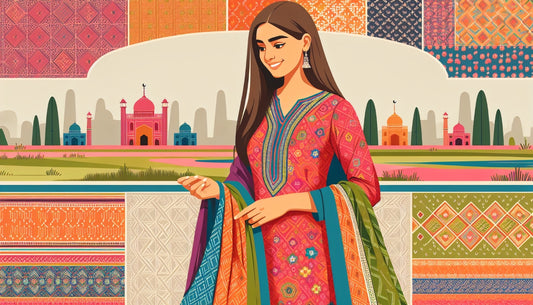 Woman wearing traditional colorful Salwar Kameez with intricate designs, standing in front of a backdrop featuring vibrant patterns and Indian architecture.