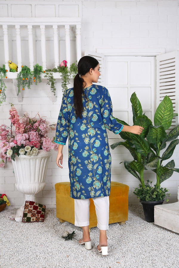 100% Cotton Printed Long Kurti for Women - Elegant Blue Floral Design - IshDeena