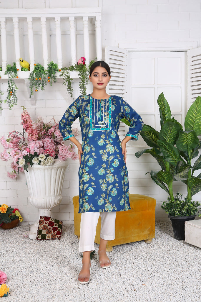 100% Cotton Printed Long Kurti for Women - Elegant Blue Floral Design - IshDeena