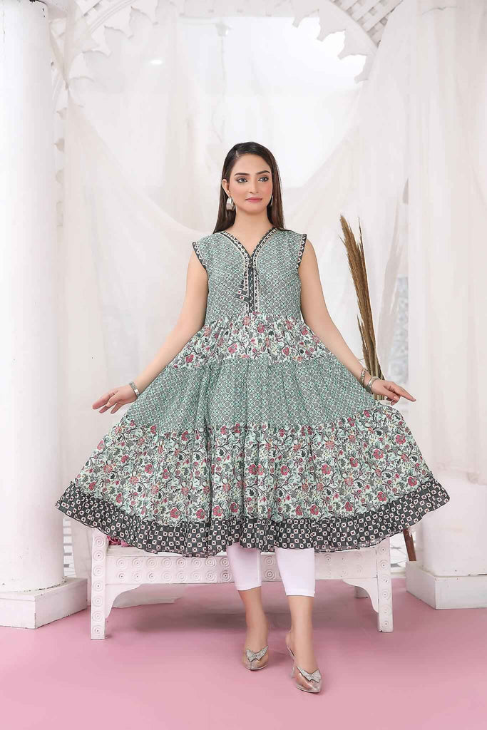 Anarkali Kurti Cotton Printed Sleeveless | Buy Online USA – IshDeena