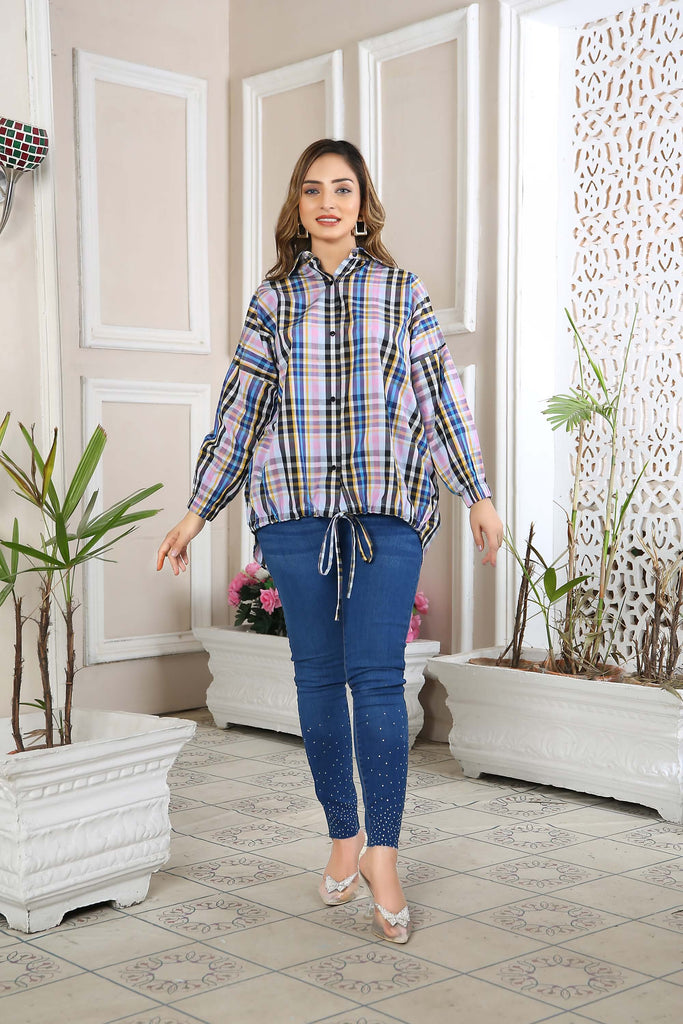 Trendy Multicolor Plaid Button-Up Shirt with Drawstring Hem – Buy Online USA | IshDeena