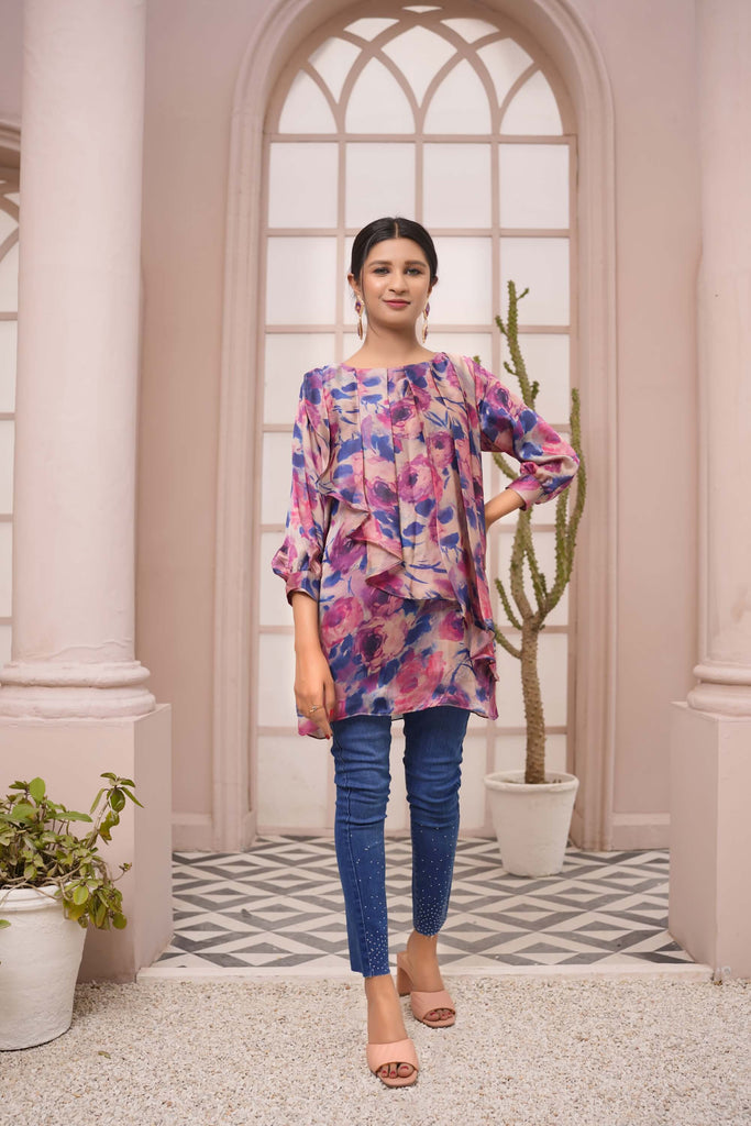 Elegant Floral Chiffon Tunic with Ruffle Detailing – Buy Online USA | IshDeena