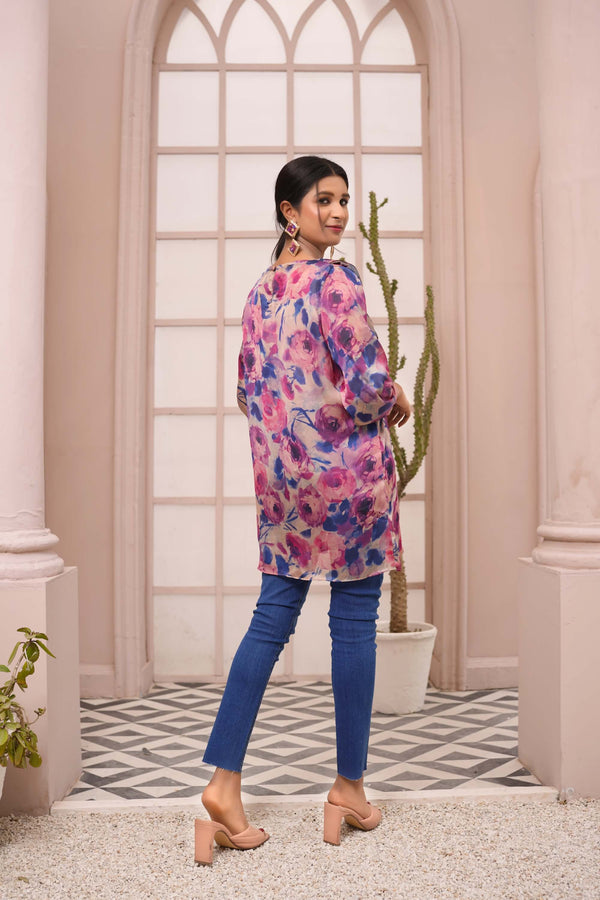 Elegant Floral Chiffon Tunic with Ruffle Detailing – Buy Online USA | IshDeena