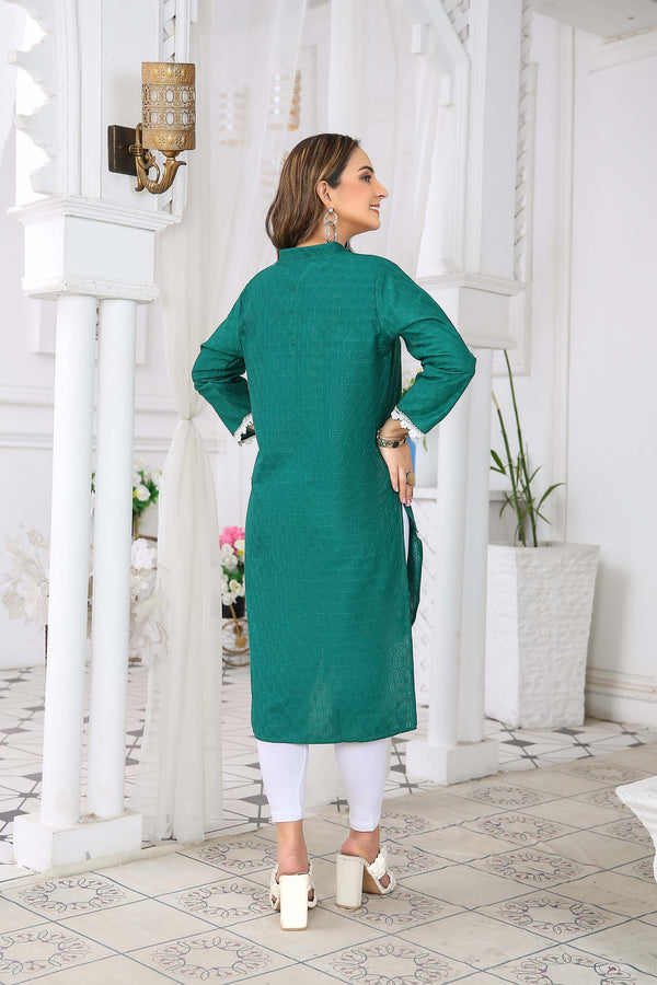 Elegant Green Chikankari High-Low Kurta with Lace Accents – Buy Online USA | IshDeena