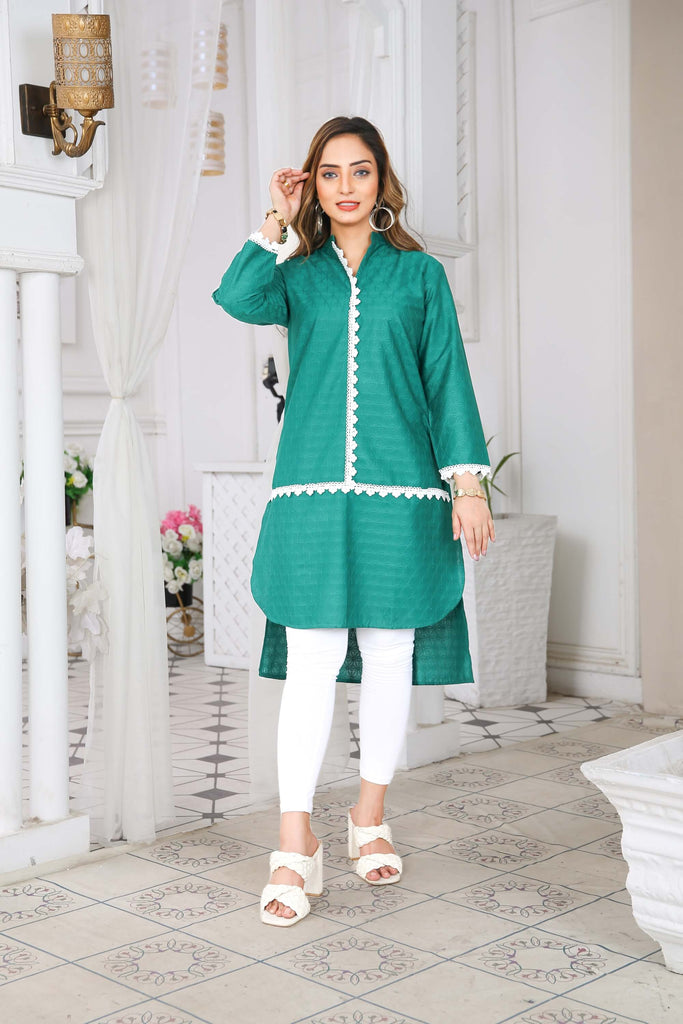 Elegant Green Chikankari High-Low Kurta with Lace Accents – Buy Online USA | IshDeena