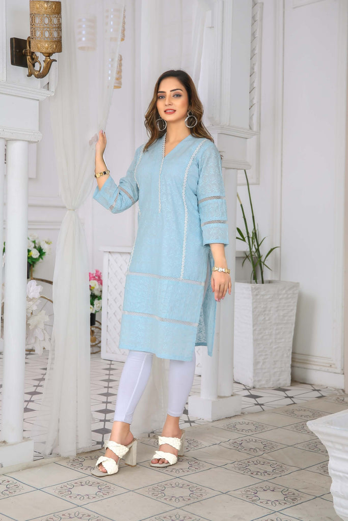 Elegant Sky Blue Chikankari Kurta with Lace Detailing – Buy Online USA | IshDeena