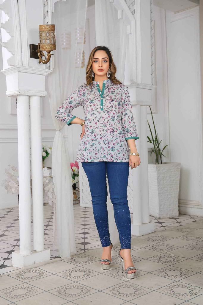 Indian Kurti Short Tunic Top Cotton Printed Blue 3/4 Sleeves | Buy Online USA – IshDeena