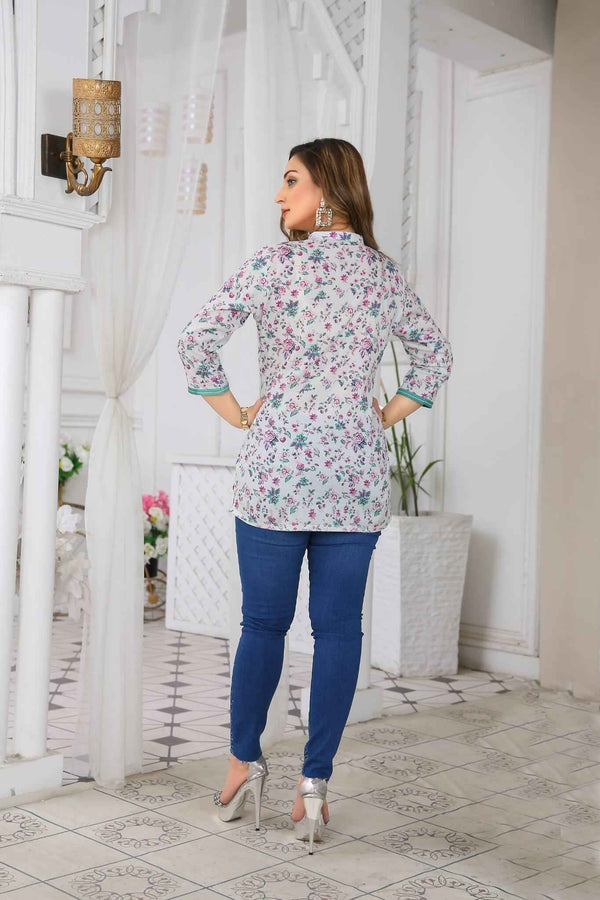 Indian Kurti Short Tunic Top Cotton Printed Blue 3/4 Sleeves | Buy Online USA – IshDeena