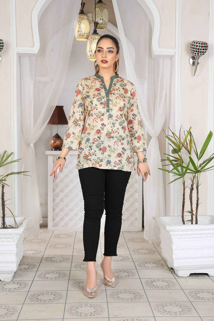 Indian Kurti Short Tunic Top Cotton Printed Creme 3/4 Sleeves | Buy Online USA – IshDeena