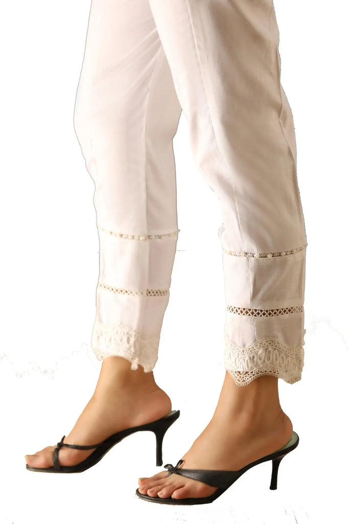 IshDeena Casual or Work Elastic Waist White Cotton Trousers With Lace for Petite Women - IshDeena