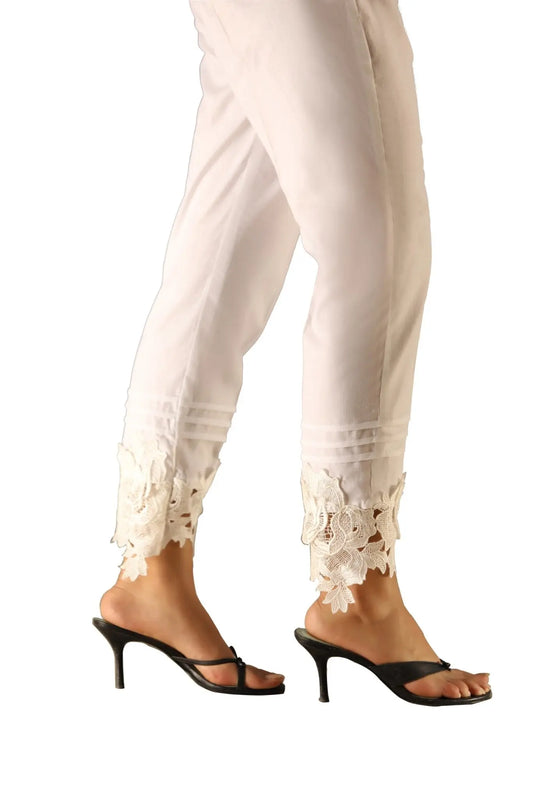 IshDeena Casual or Work Elastic Waist White Cotton Trousers With Lace for Petite Women - IshDeena