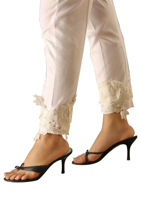 IshDeena Casual or Work Elastic Waist White Cotton Trousers With Lace for Petite Women - IshDeena