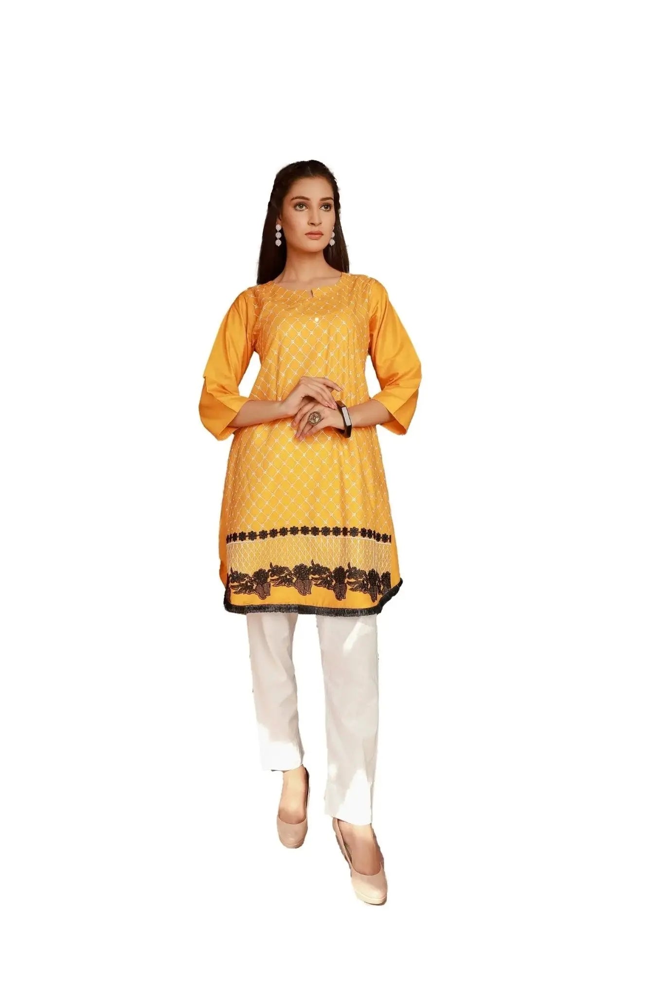 IshDeena Embroidered Cotton Women Shirt Round Tunic Top Kurti Kurta Indian Pakistani - IshDeena