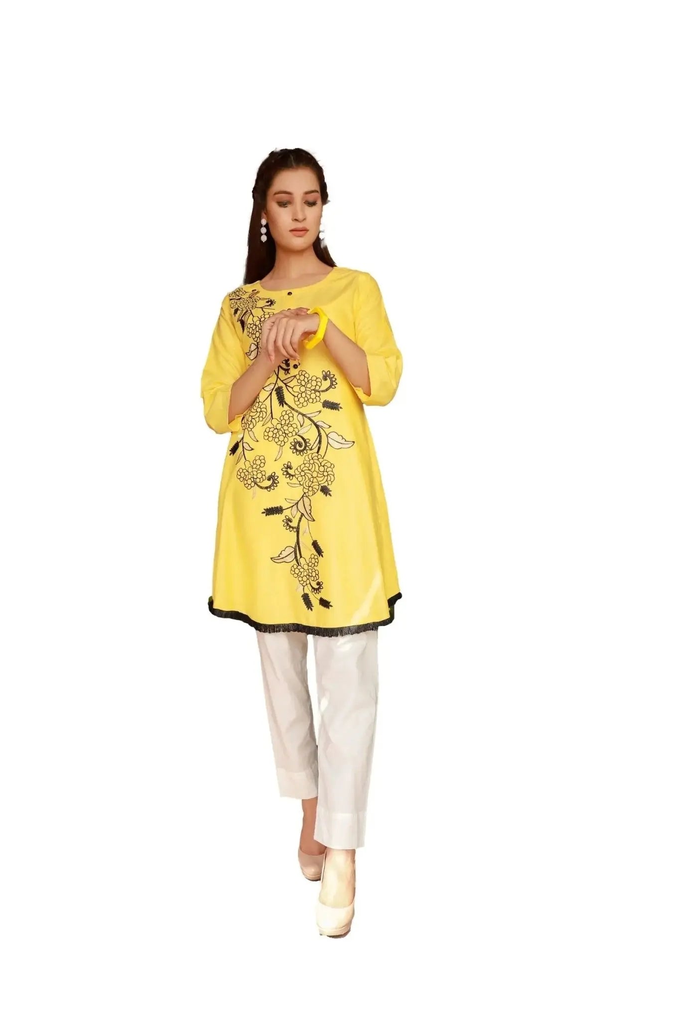 IshDeena Embroidered Cotton Women Shirt Round Tunic Top Kurti Kurta Indian Pakistani - IshDeena