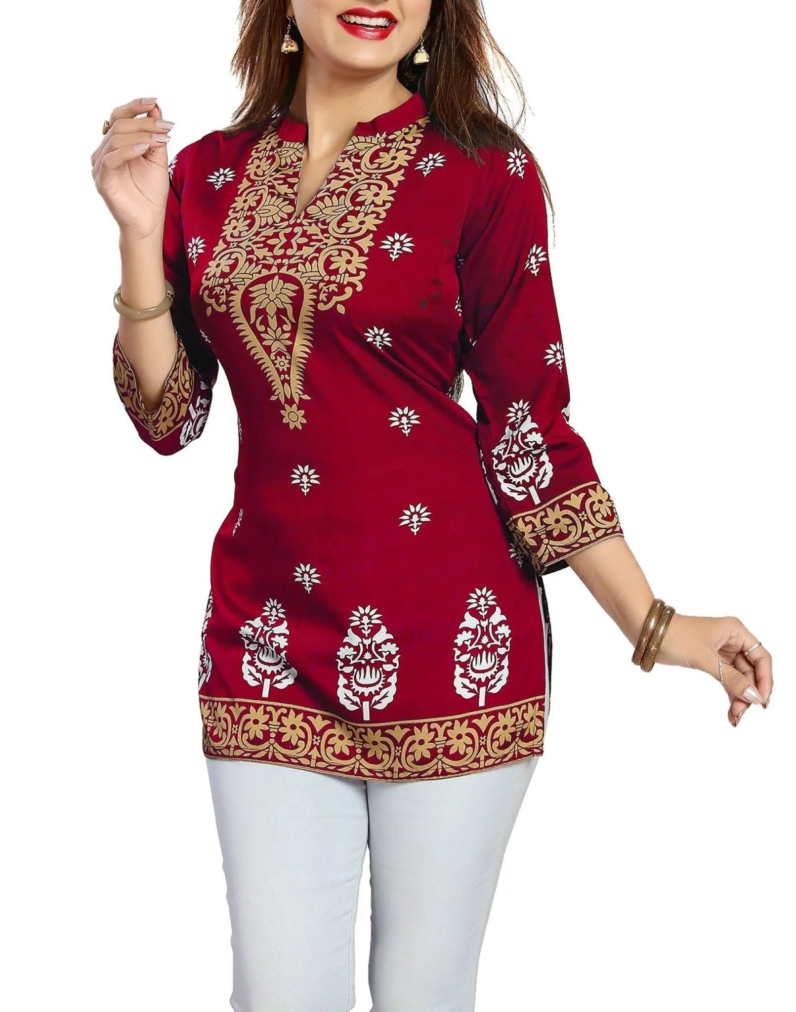 IshDeena Indian Kurtis for Women Indian Style Printed Faux Crepe Tunics Womens Tops Kurta - IshDeena