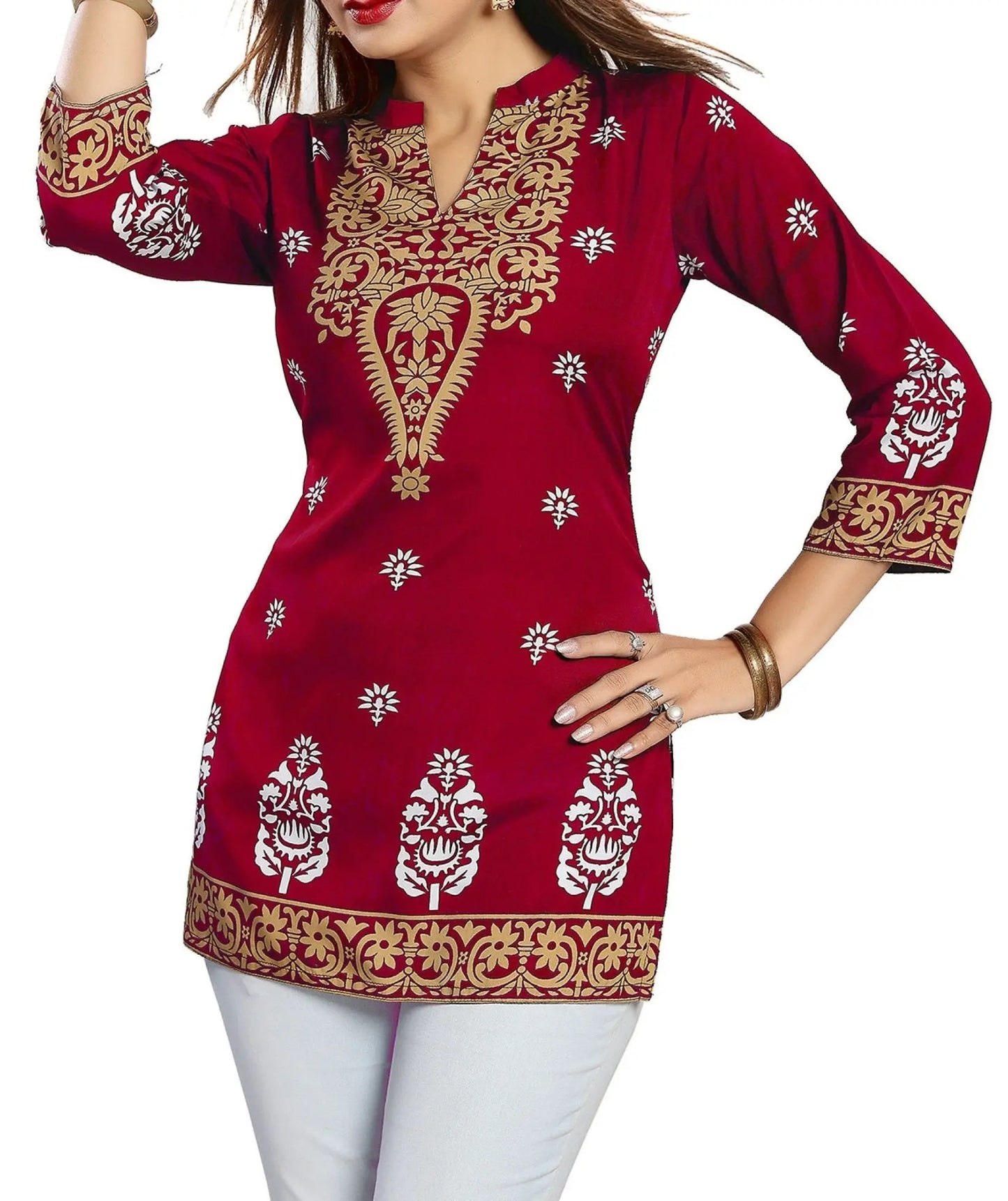 IshDeena Indian Kurtis for Women Indian Style Printed Faux Crepe Tunics Womens Tops Kurta - IshDeena