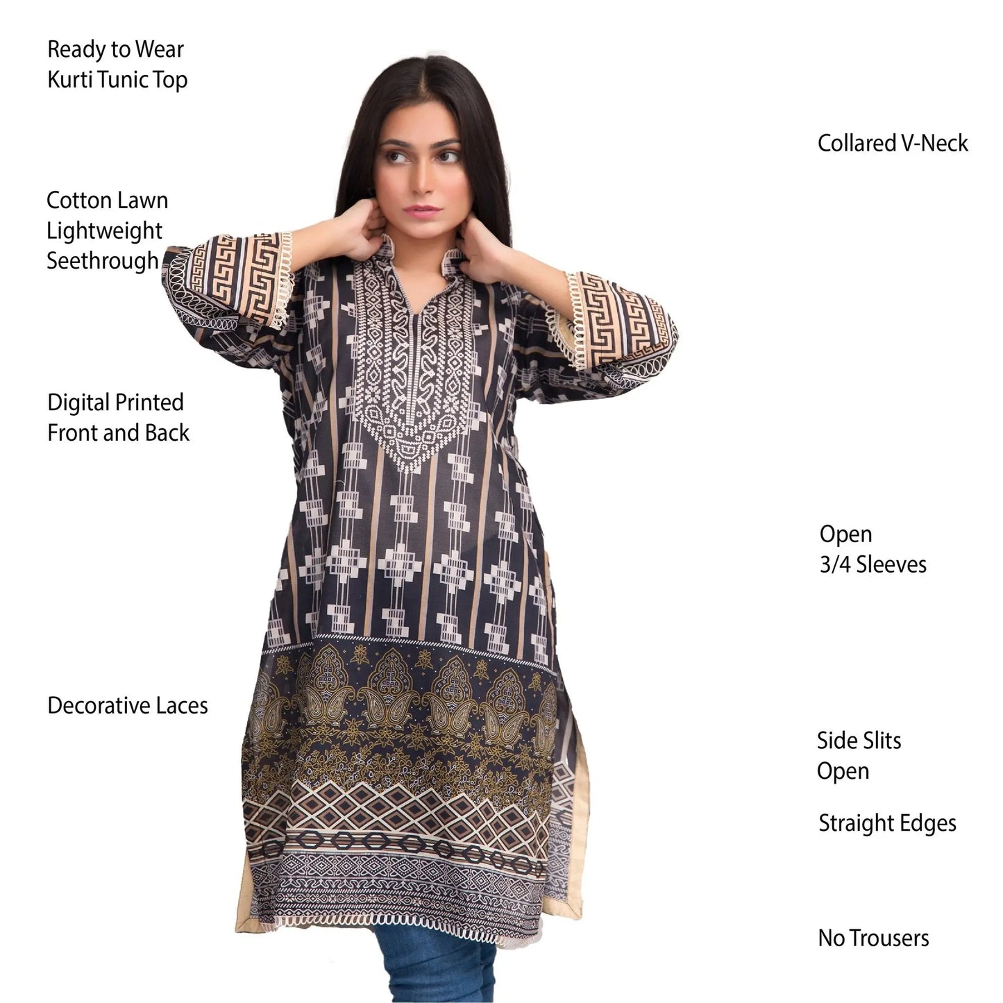 IshDeena Pakistani Kurtis for women Indian Style Cotton Tunics Womens Tops Printed B&W - IshDeena