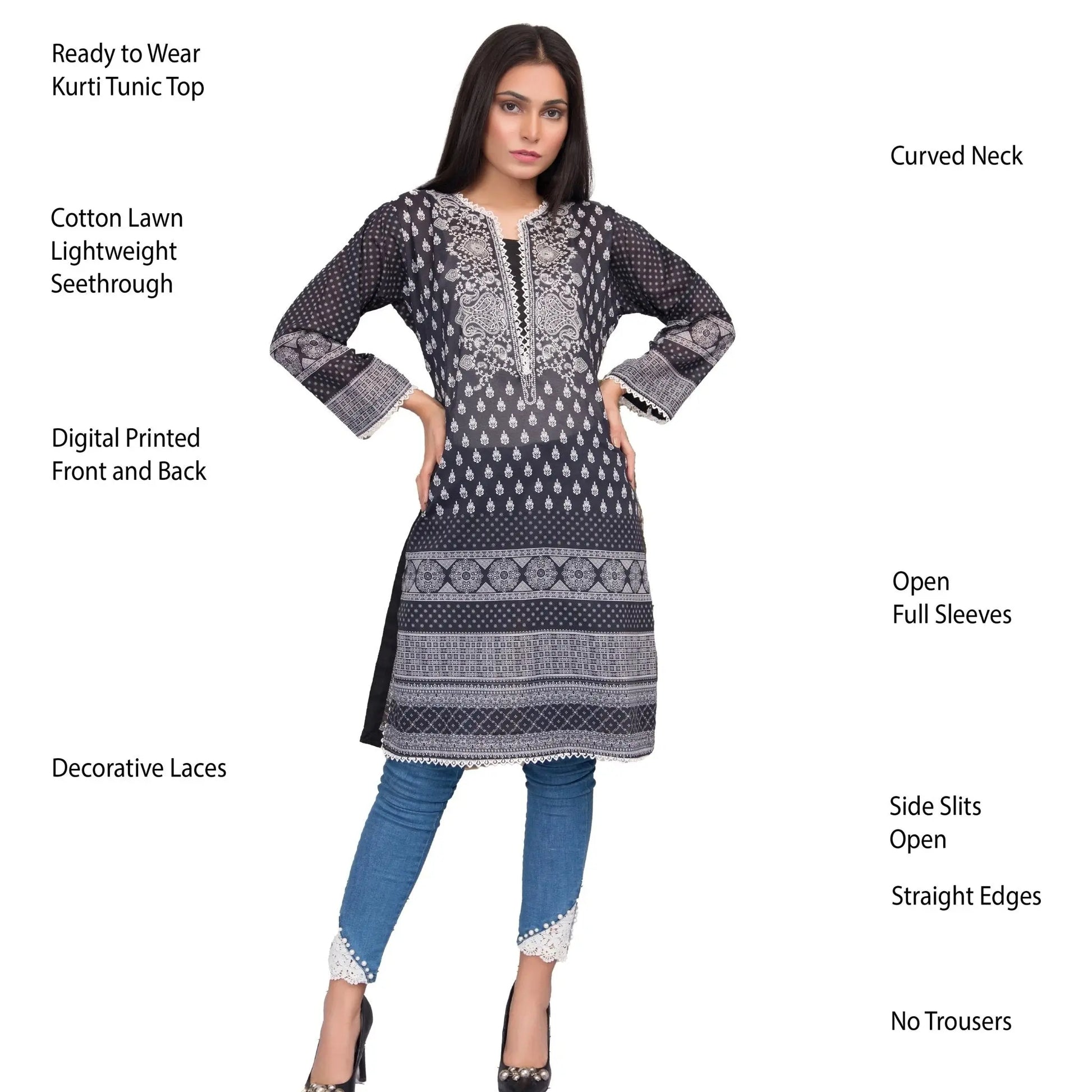 IshDeena Pakistani Kurtis for women Indian Style Cotton Tunics Womens Tops Printed B&W - IshDeena