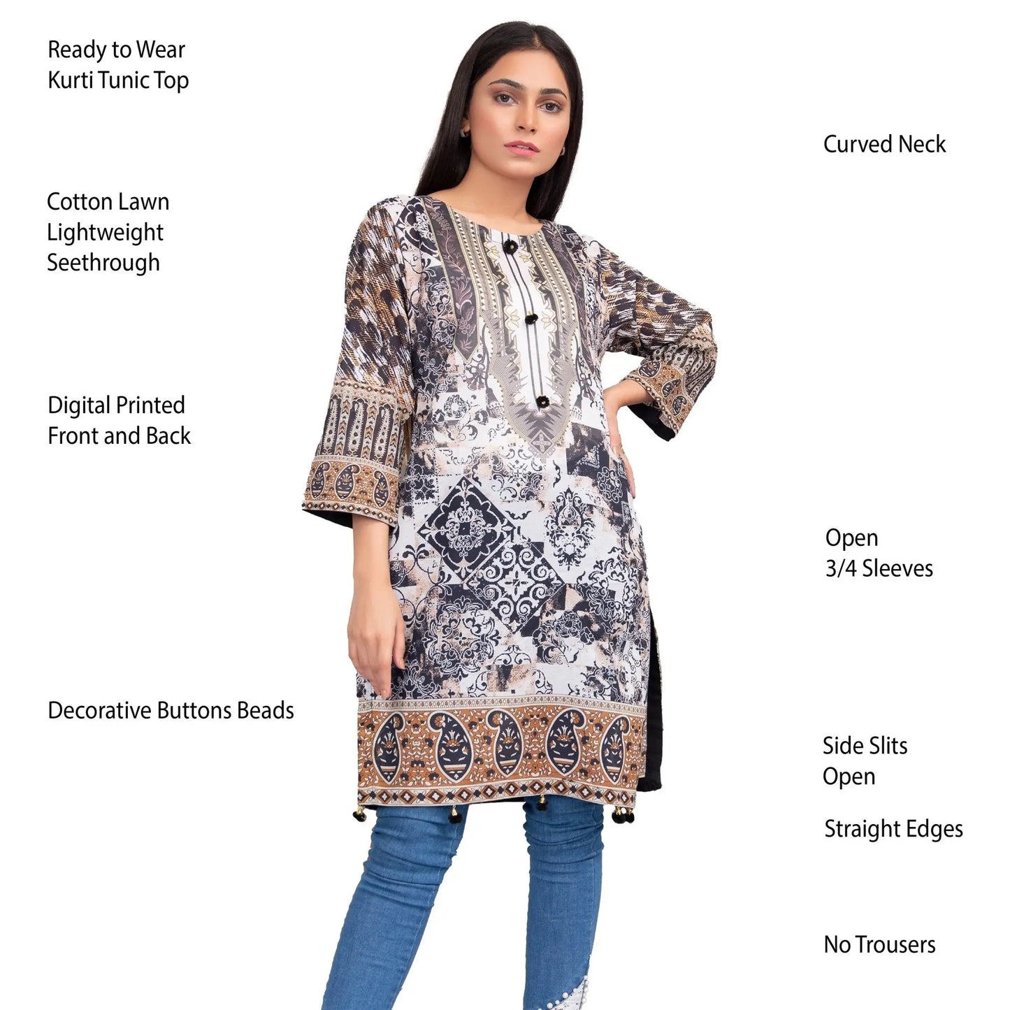 IshDeena Pakistani Kurtis for women Indian Style Cotton Tunics Womens Tops Printed B&W - IshDeena