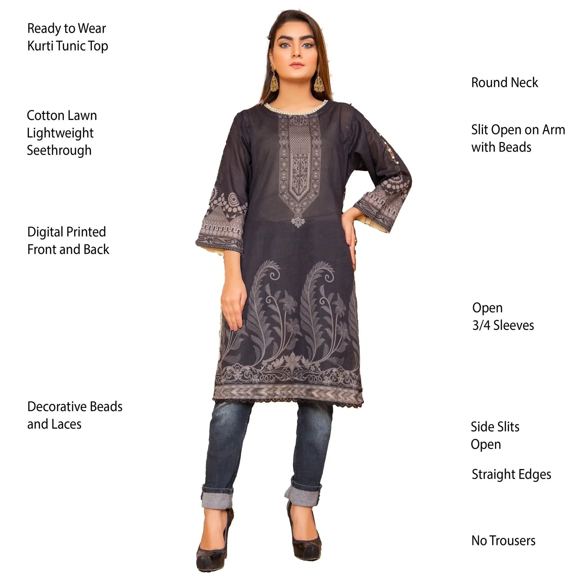 IshDeena Pakistani Kurtis for women Indian Style Cotton Tunics Womens Tops Printed B&W - IshDeena