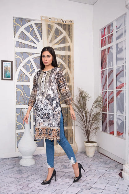 IshDeena Pakistani Kurtis for women Indian Style Cotton Tunics Womens Tops Printed B&W - IshDeena