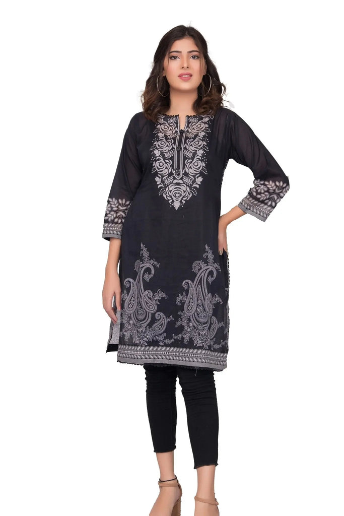 IshDeena Pakistani Kurtis for women Indian Style Cotton Tunics Womens Tops Printed B&W - IshDeena