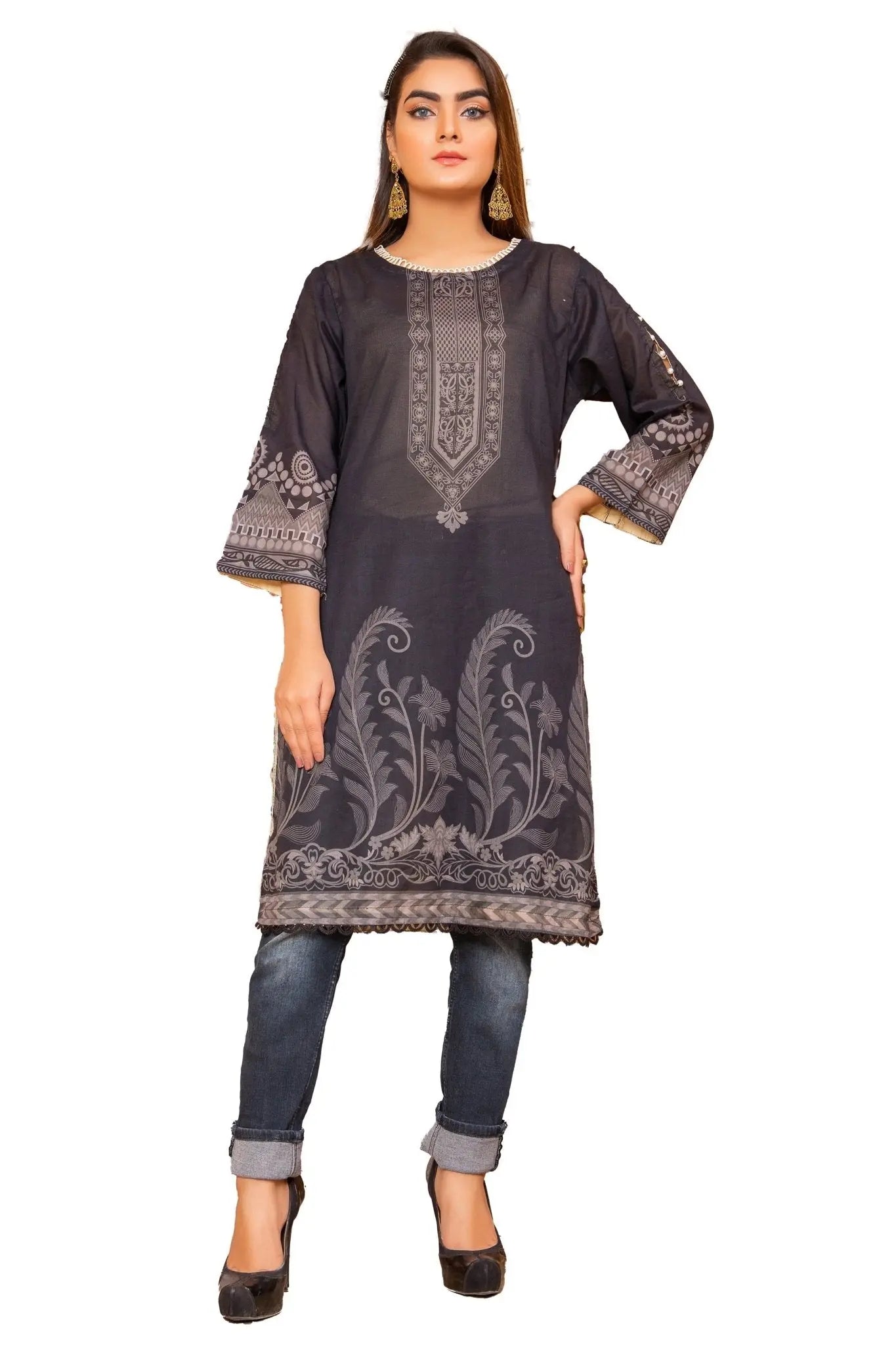 IshDeena Pakistani Kurtis for women Indian Style Cotton Tunics Womens Tops Printed B&W - IshDeena