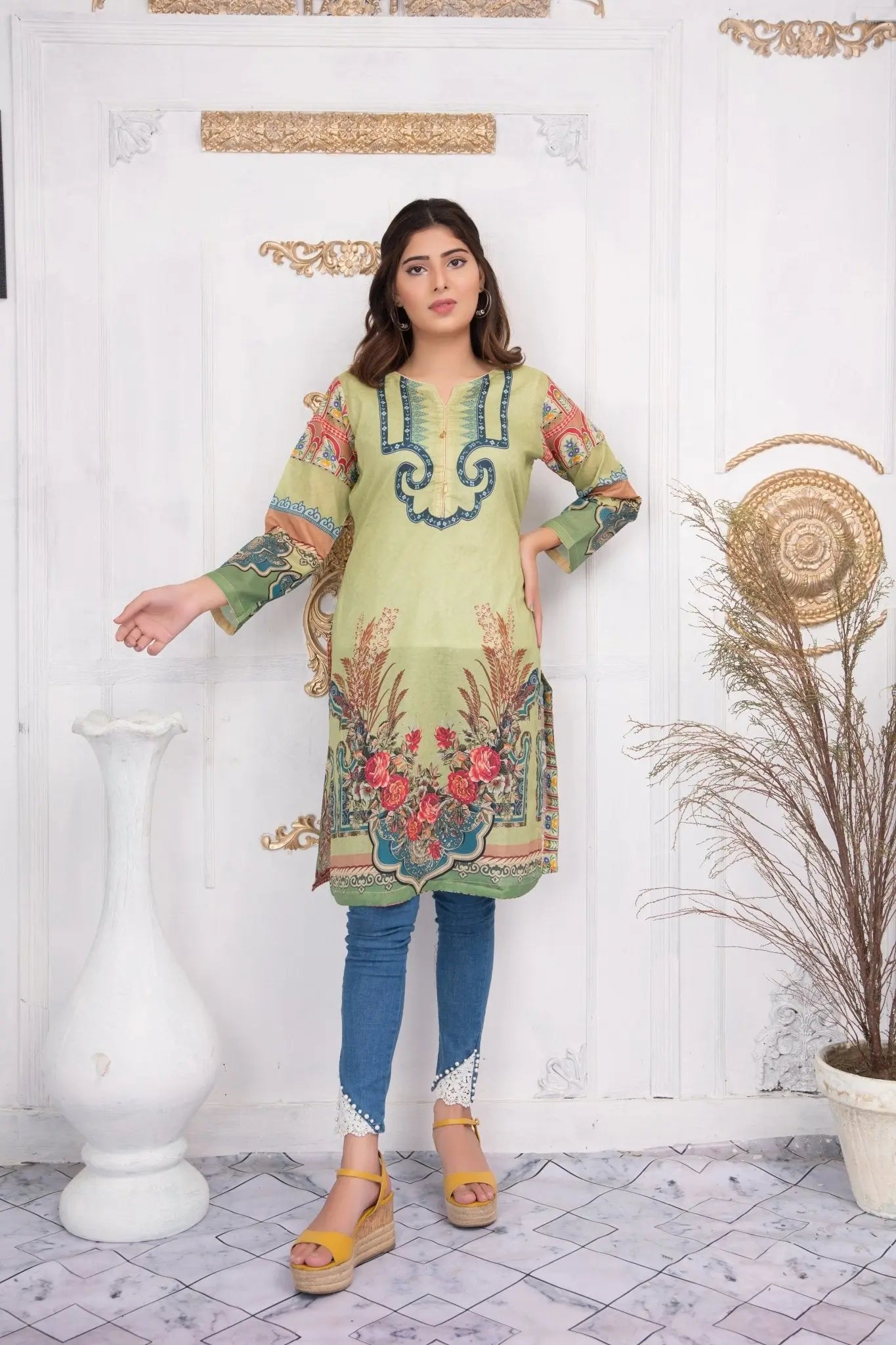 IshDeena Pakistani Kurtis for women Indian Style Cotton Tunics Womens Tops Printed Lawn - IshDeena