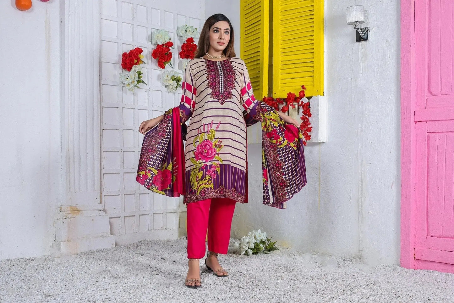 IshDeena Ready to Wear Pakistani Shalwar, Kameez Dupatta Set - Printed Linen Women Dress - IshDeena