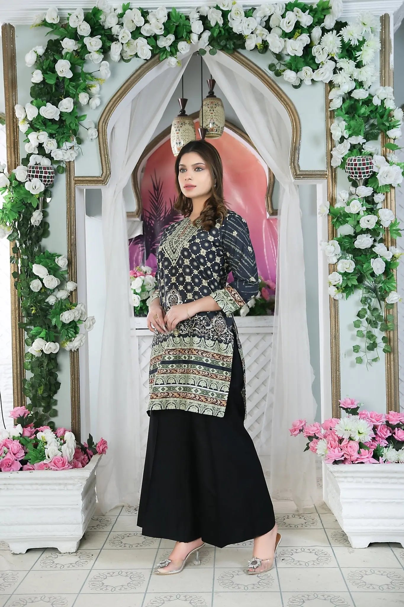 IshDeena Stylish Cotton Lawn Kurtis for Women - Indian Pakistani Long Tops in B&W Prints for Casual Summer Wear, M - 3XL - IshDeena