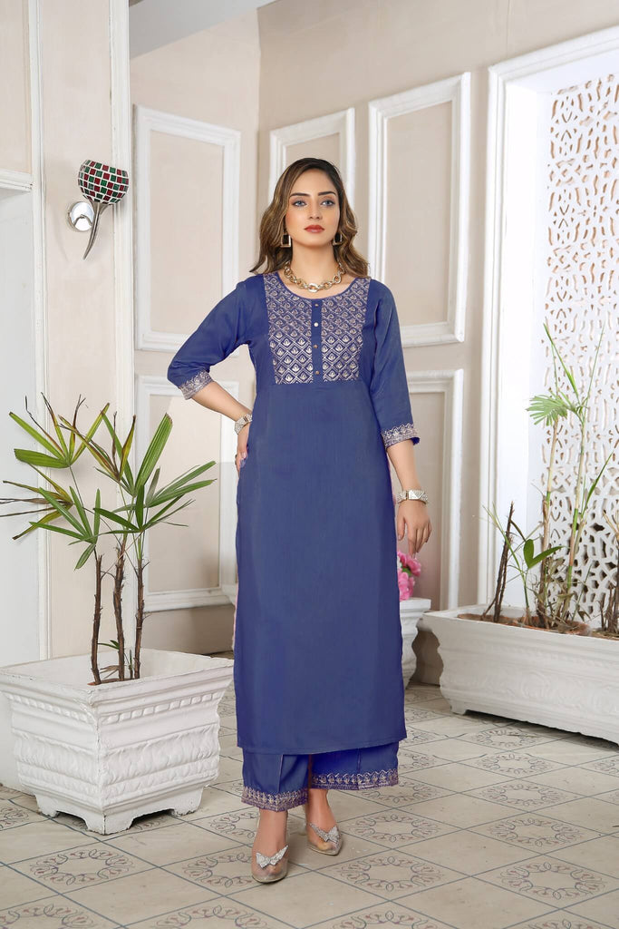 Kurta Set for Women Embroidered Viscose Blue | Buy Online USA – IshDeena