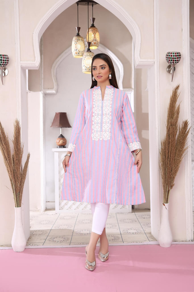 Elegant Striped Cotton Kurta with Silk Embroidery – Buy Online USA | IshDeena