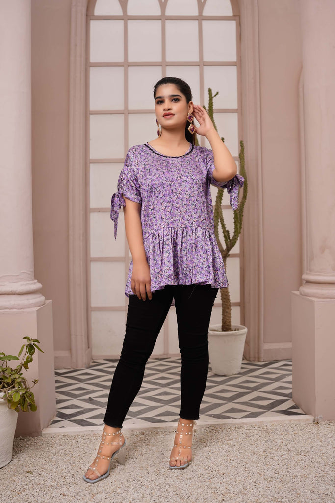 Charming Lilac Floral Peplum Top with Tie-Up Sleeves – Buy Online USA | IshDeena