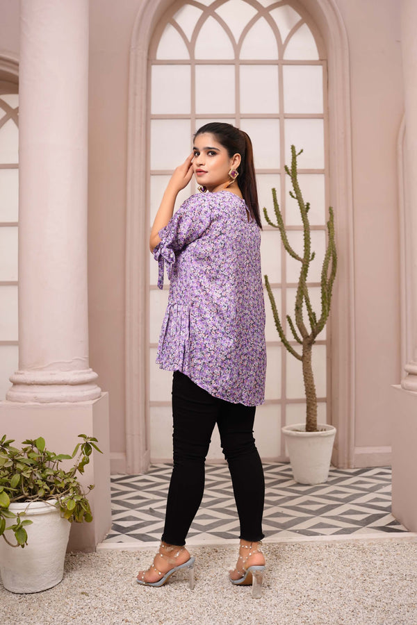 Charming Lilac Floral Peplum Top with Tie-Up Sleeves – Buy Online USA | IshDeena