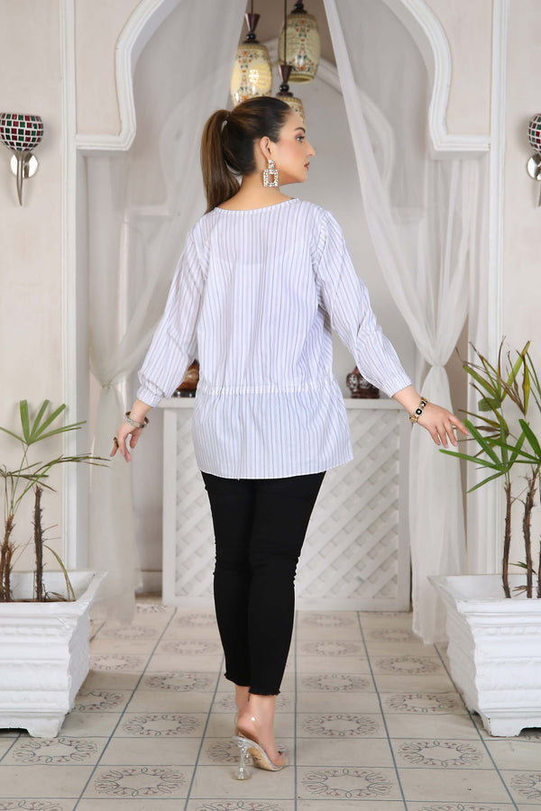 Elegant Striped Tunic with Lace Detailing & Drawstring Waist – Buy Online USA | IshDeena