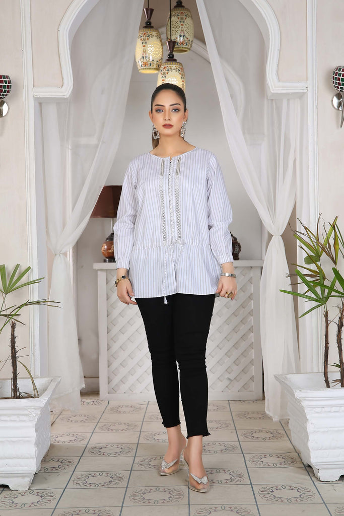 Elegant Striped Tunic with Lace Detailing & Drawstring Waist – Buy Online USA | IshDeena