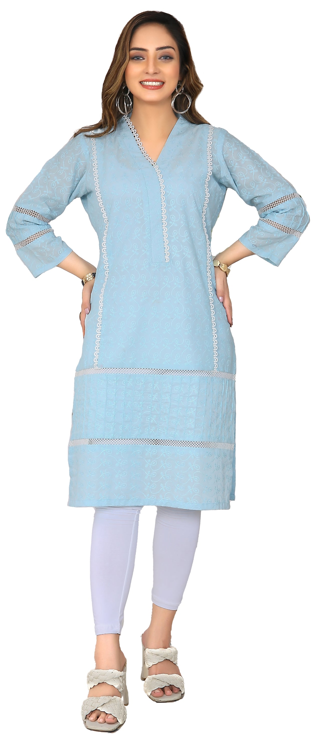 IshDeena Indian Chikankari Kurtis for Women Indian Pakistani Style Cotton Long Kurta Kameez Tunics Tops for Jeans & LeggingsV31SE0423S1ID1