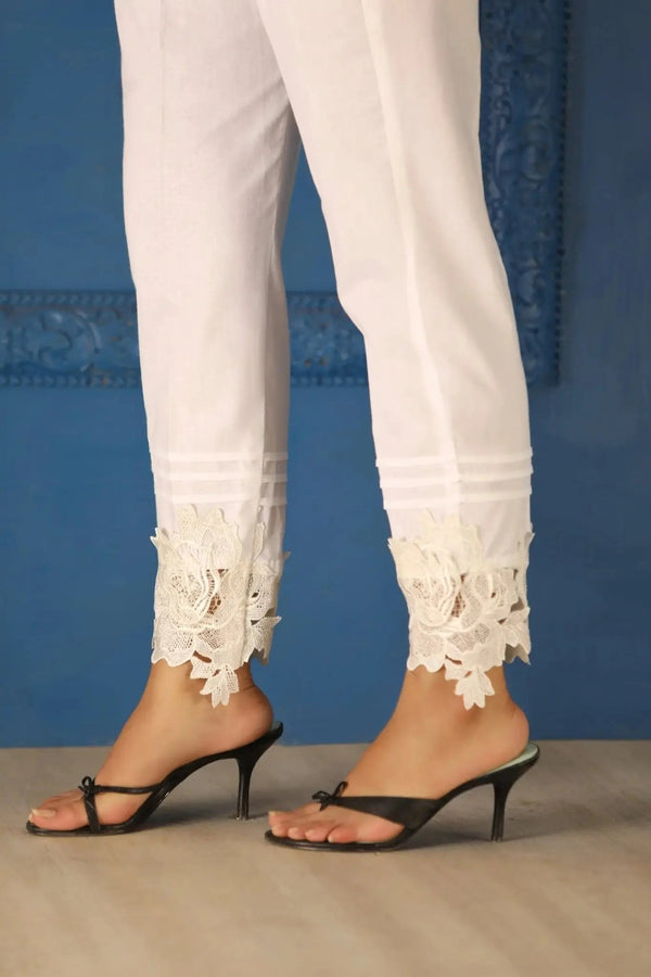 IshDeena Casual or Work Elastic Waist White Cotton Trousers With Lace for Petite Women - IshDeena