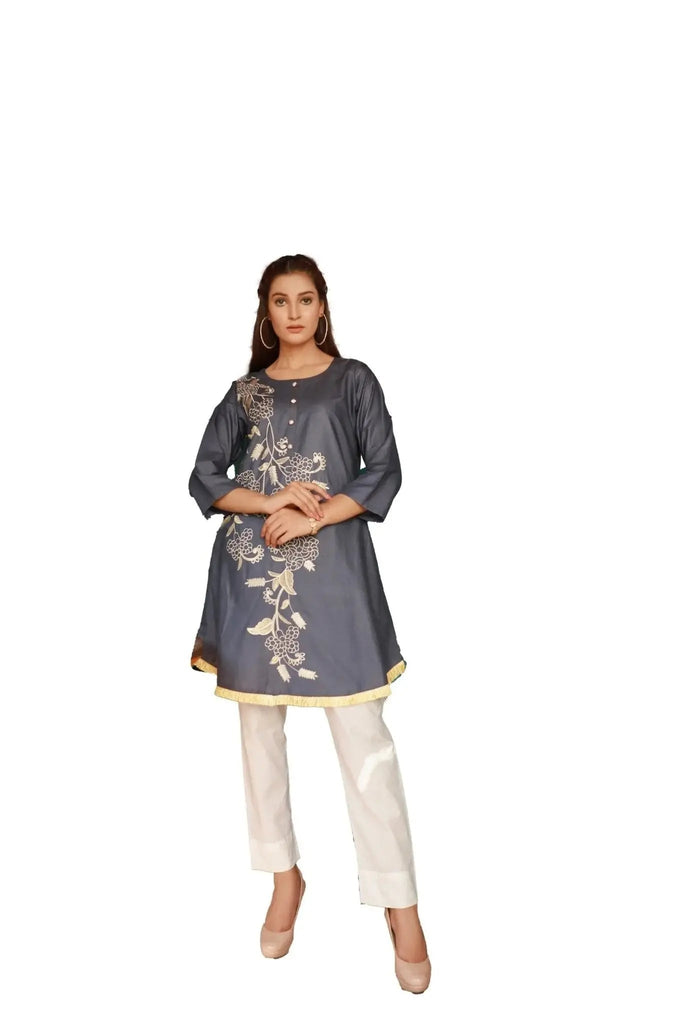 IshDeena Embroidered Cotton Women Shirt Round Tunic Top Kurti Kurta Indian Pakistani - IshDeena