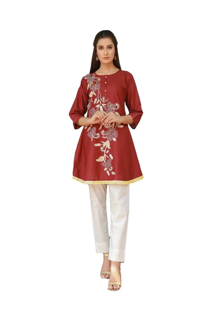 IshDeena Embroidered Cotton Women Shirt Round Tunic Top Kurti Kurta Indian Pakistani - IshDeena