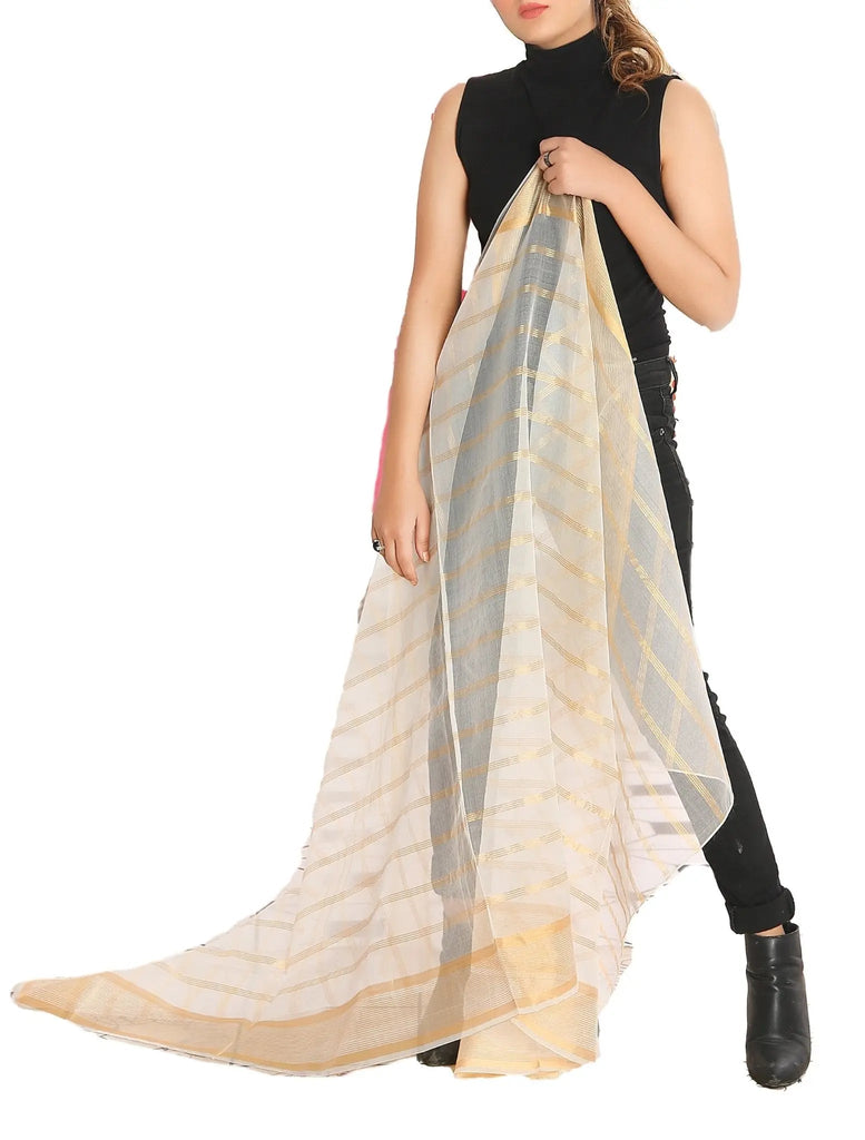 IshDeena Indian Dupatta for Women - Beach Wrap, Chunri for Puja, Lightweight Organza Scarf & Stole, Golden Stripes, 2x1m - IshDeena