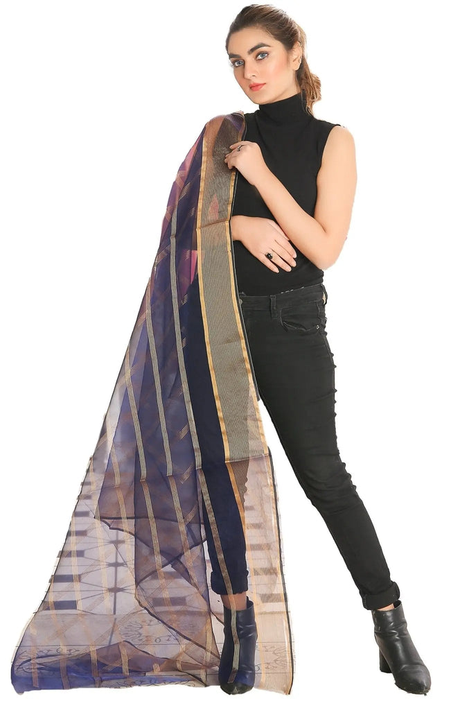 IshDeena Indian Dupatta for Women - Beach Wrap, Chunri for Puja, Lightweight Organza Scarf & Stole, Golden Stripes, 2x1m - IshDeena