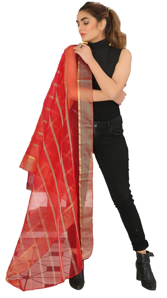 IshDeena Indian Dupatta for Women - Beach Wrap, Chunri for Puja, Lightweight Organza Scarf & Stole, Golden Stripes, 2x1m - IshDeena