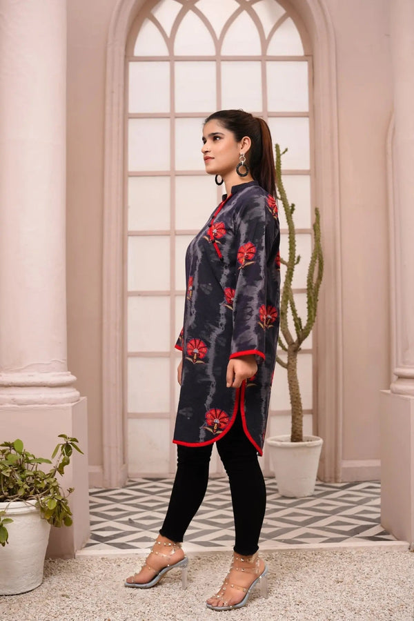 IshDeena Indian Pakistani Short Kurti Tunic Tops - Printed Khaddar Fabric for Women - Office & Casual Wear, Modern Design, M-3XL - IshDeena