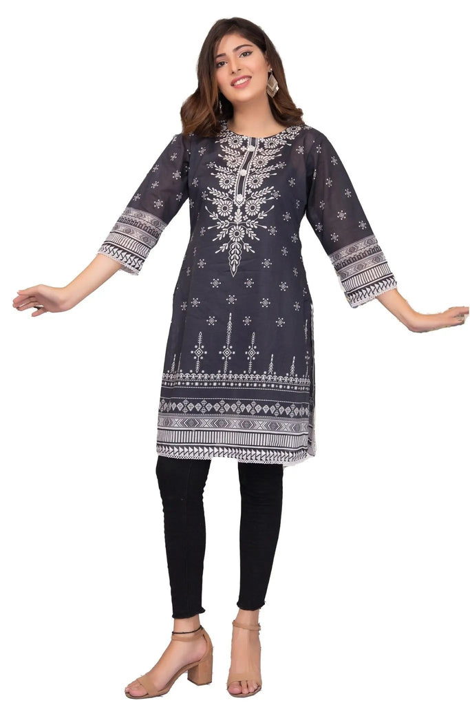 IshDeena Pakistani Kurtis for women Indian Style Cotton Tunics Womens Tops Printed B&W - IshDeena