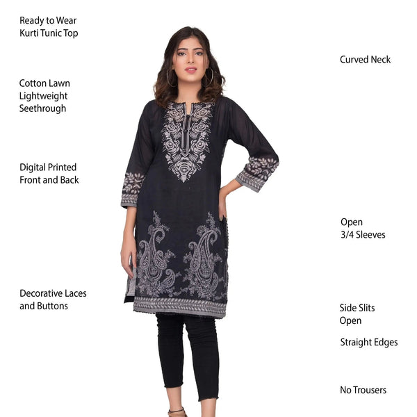 IshDeena Pakistani Kurtis for women Indian Style Cotton Tunics Womens Tops Printed B&W - IshDeena