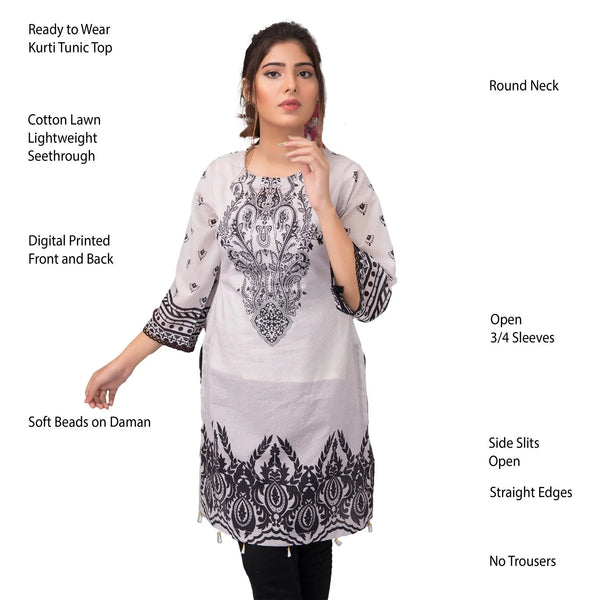 IshDeena Pakistani Kurtis for women Indian Style Cotton Tunics Womens Tops Printed B&W - IshDeena