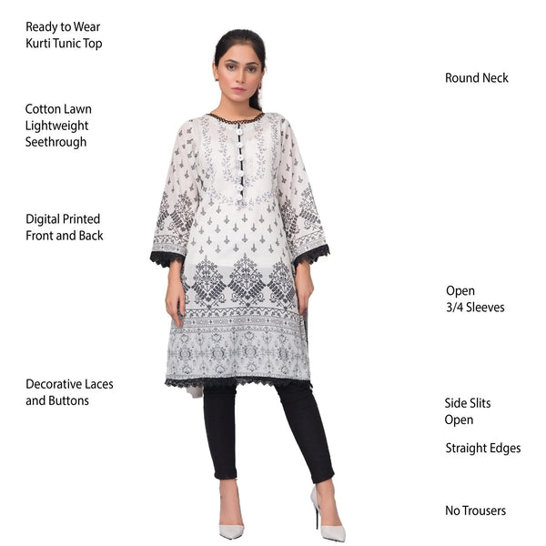 IshDeena Pakistani Kurtis for women Indian Style Cotton Tunics Womens Tops Printed B&W - IshDeena