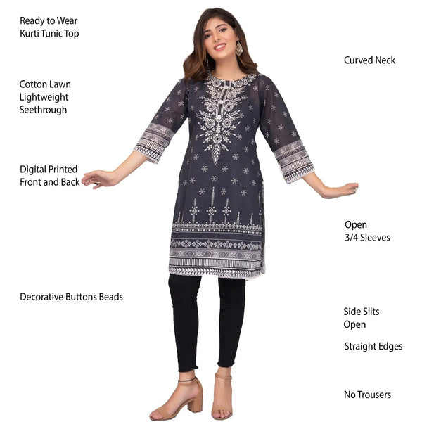 IshDeena Pakistani Kurtis for women Indian Style Cotton Tunics Womens Tops Printed B&W - IshDeena